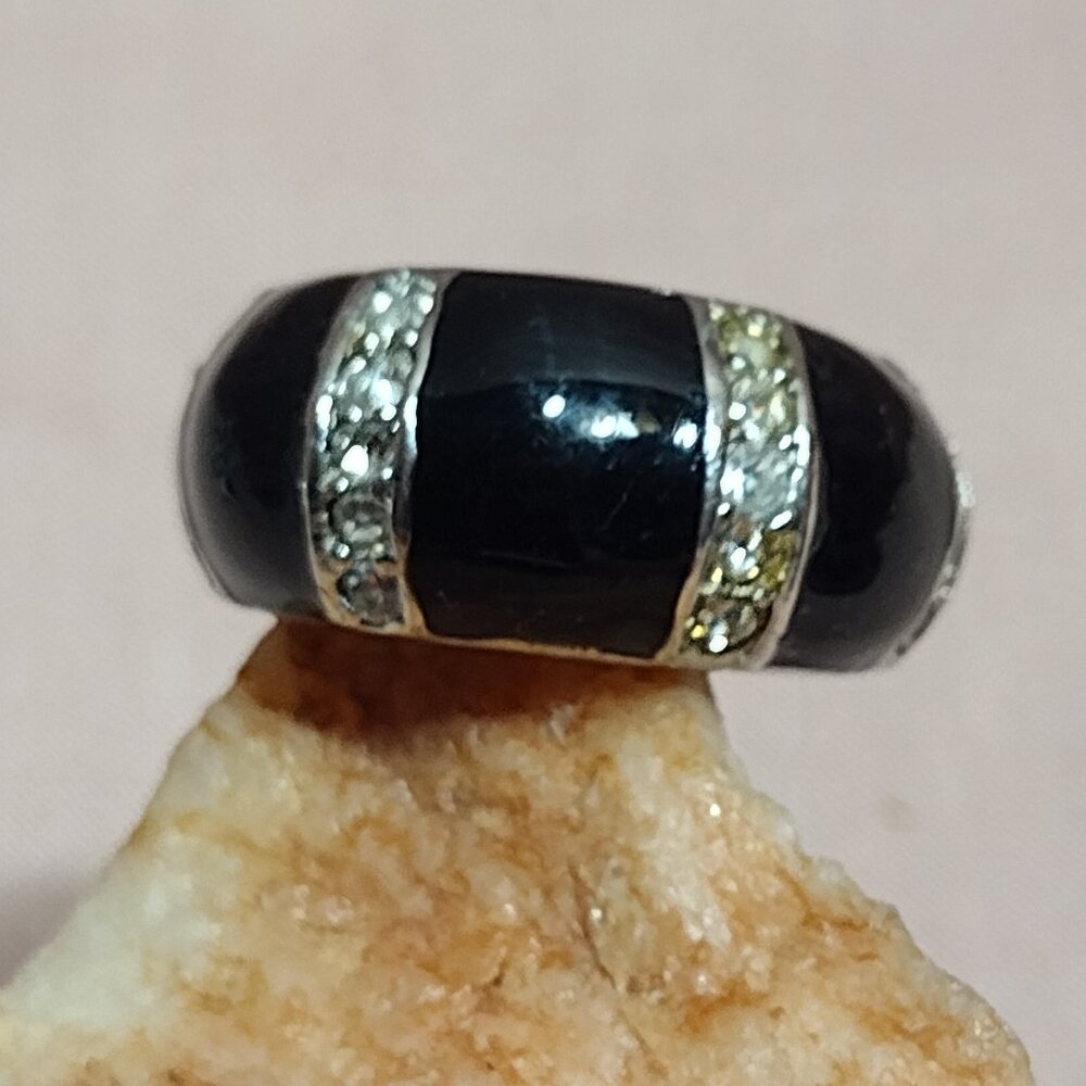 Rhinestone & Black Enamel Ring